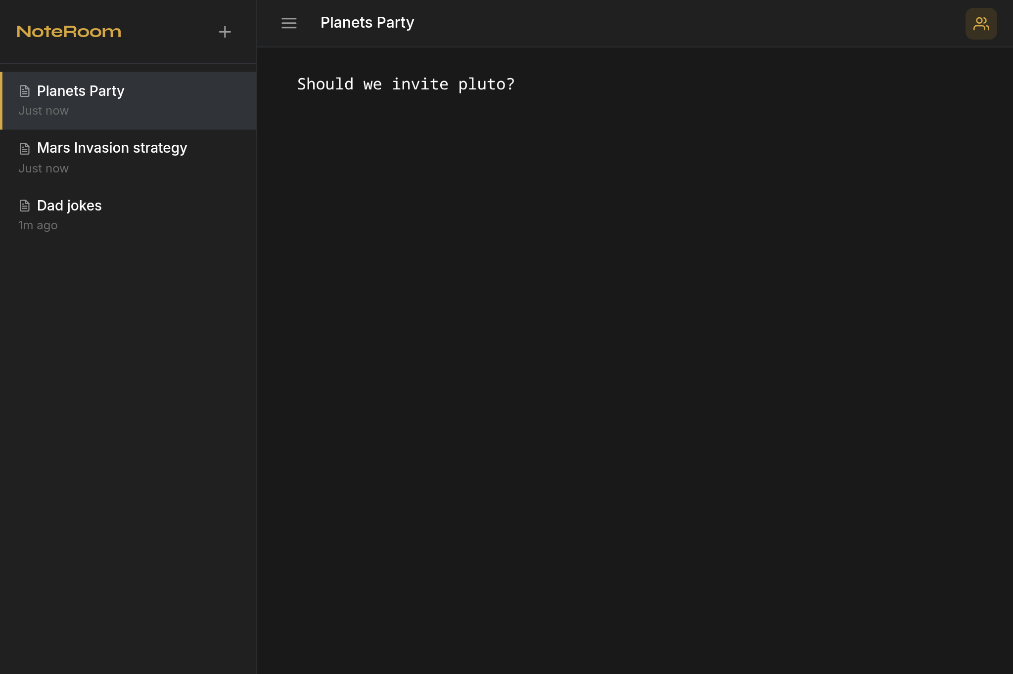 NoteRoom extension showing the Planets Party note with sidebar navigation